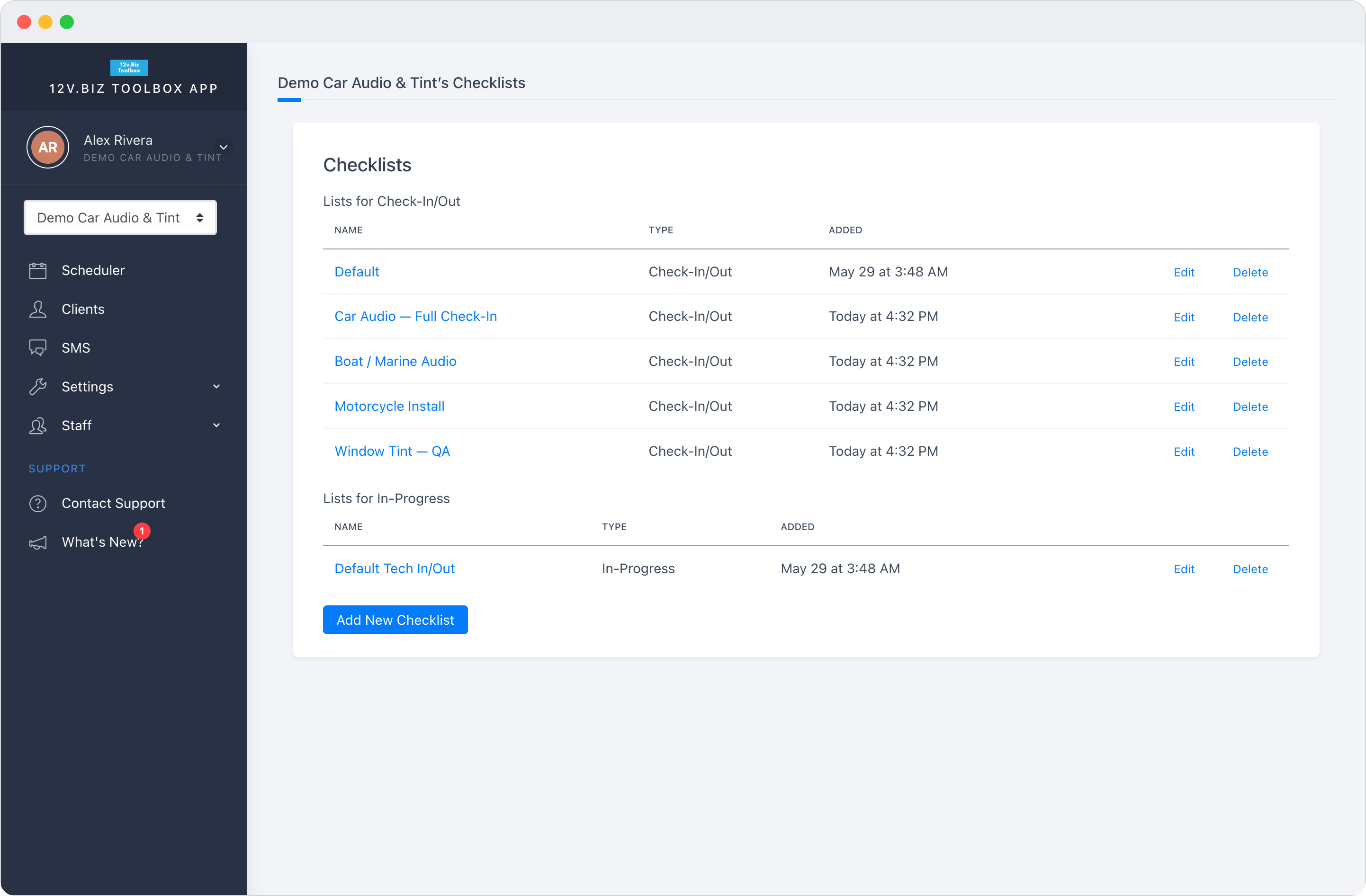 The checklist library in the Toolbox, where a shop creates and edits its own check-in and inspection checklists.