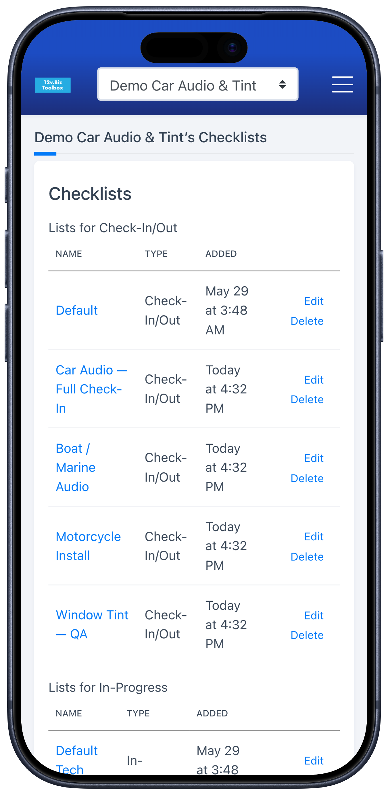 The checklist library in the Toolbox, where a shop creates and edits its own check-in and inspection checklists.