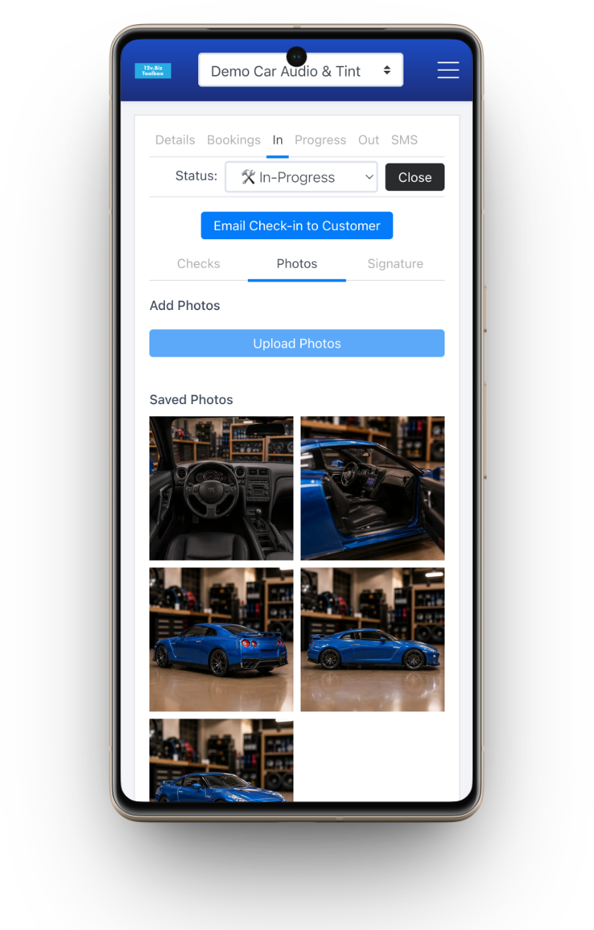 Check-in photos of the vehicle stored inside its work order, on the dedicated Photos tab.