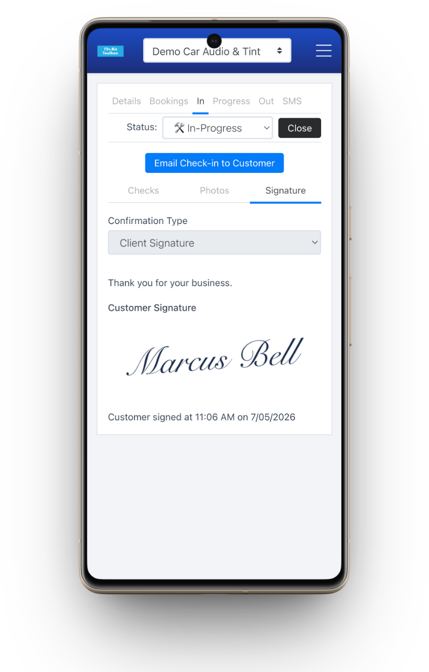 A captured customer signature on the check-in — 'Customer signed at …' — on a signing device.