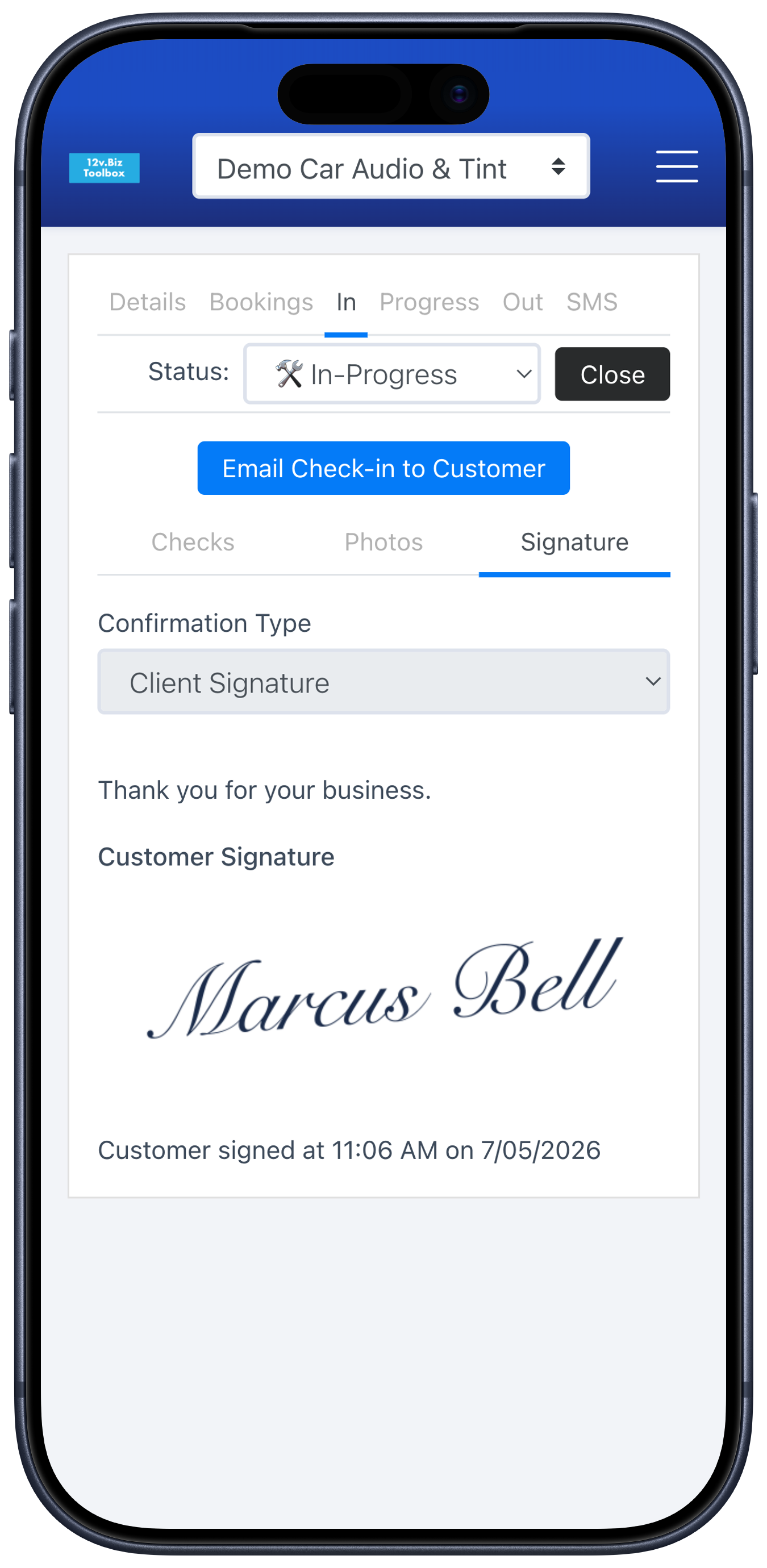 A captured customer signature on the check-in — 'Customer signed at …' — on a signing device.