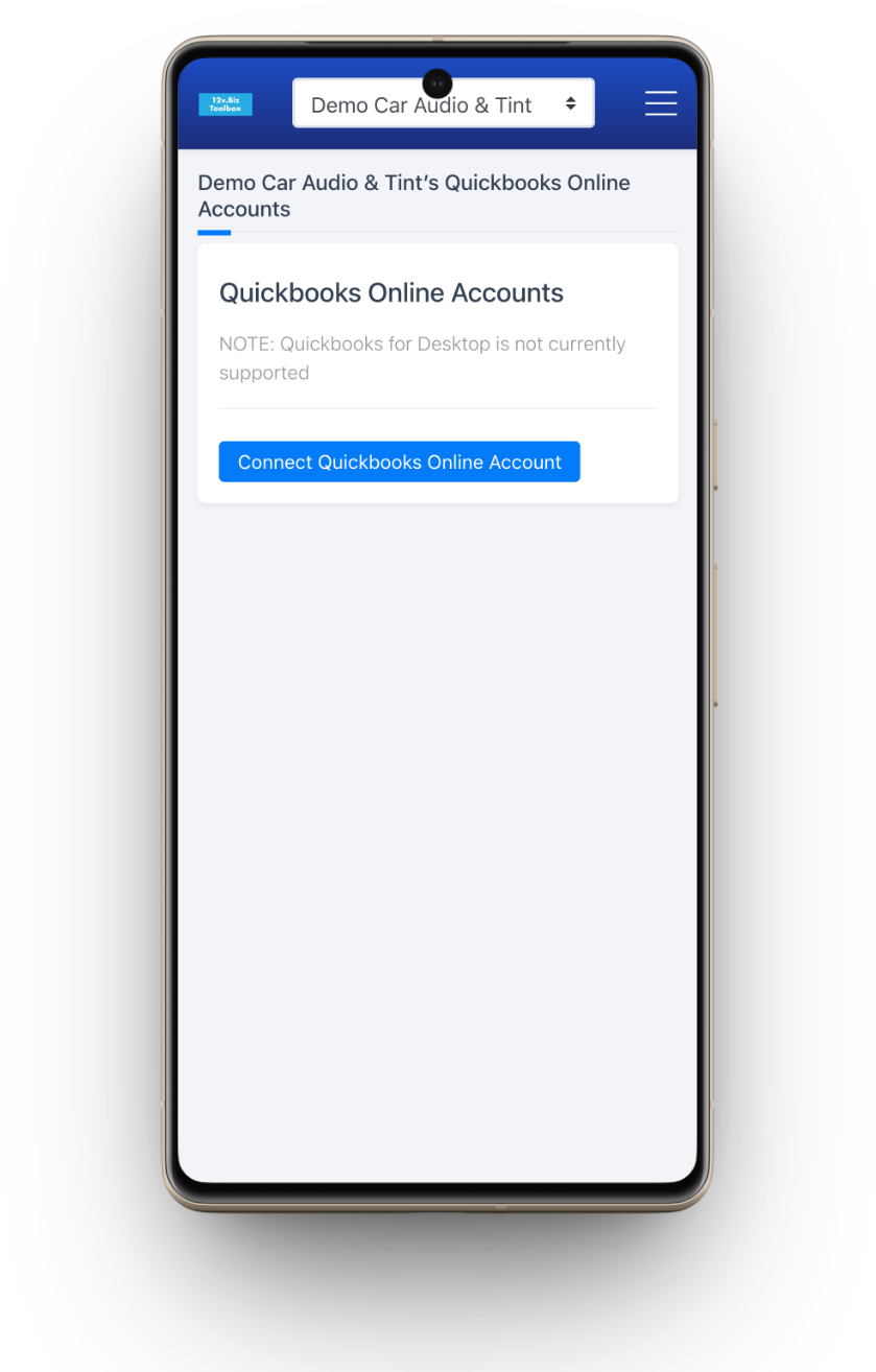 The QuickBooks Online connection screen in 12v.Biz Toolbox — Connect QuickBooks Online Account.