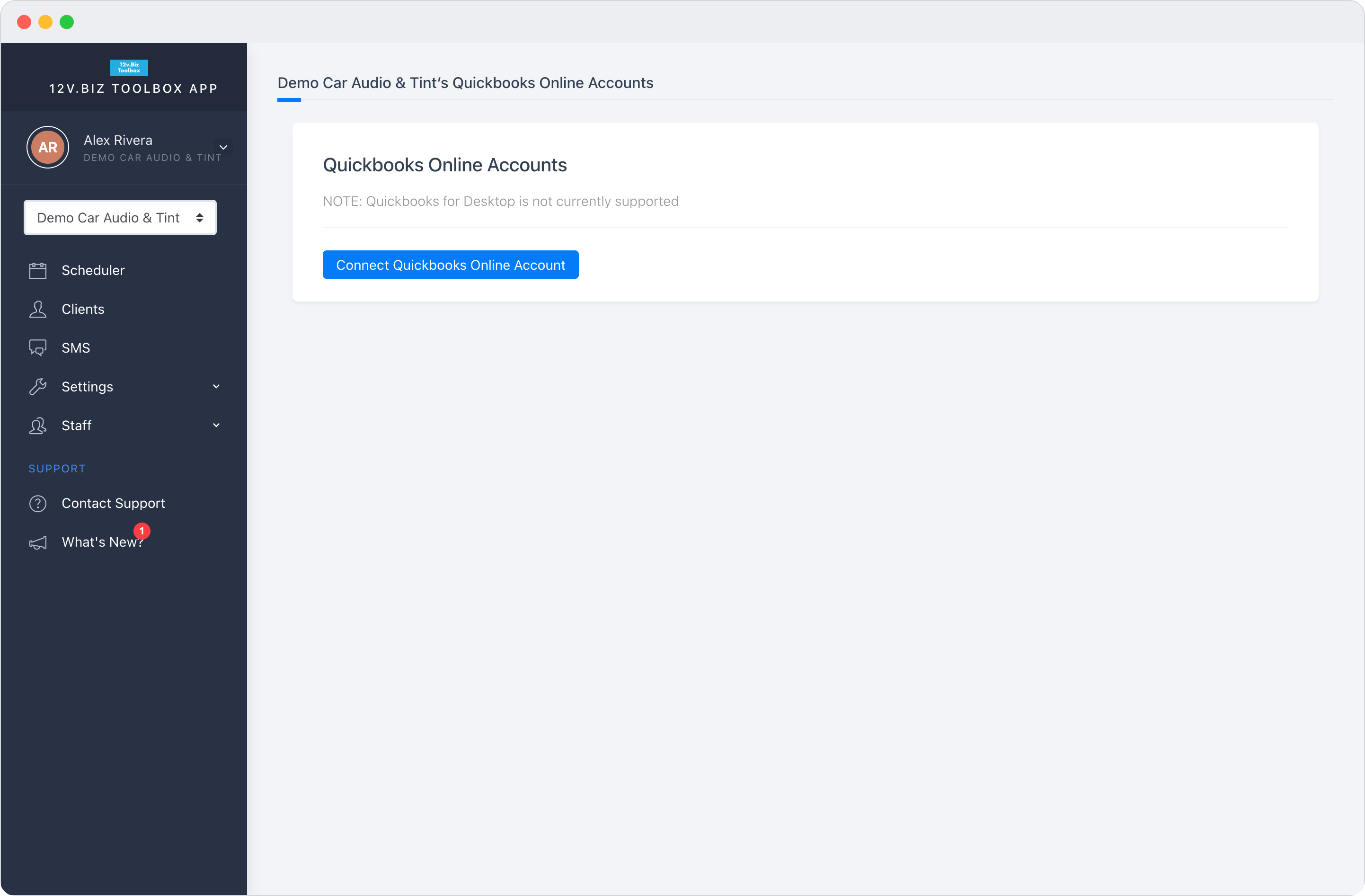 The QuickBooks Online connection screen in 12v.Biz Toolbox — Connect QuickBooks Online Account.