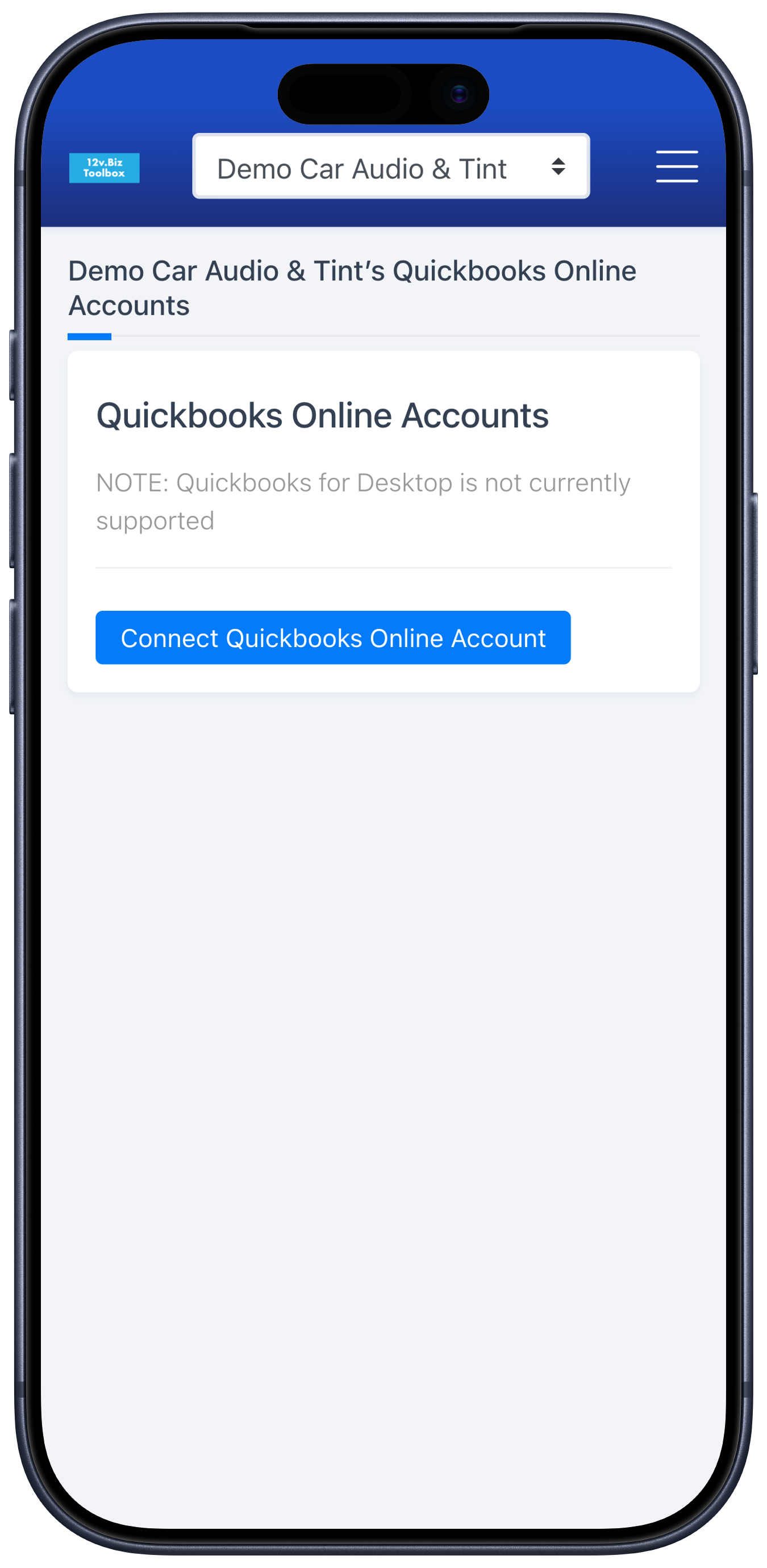 The QuickBooks Online connection screen in 12v.Biz Toolbox — Connect QuickBooks Online Account.