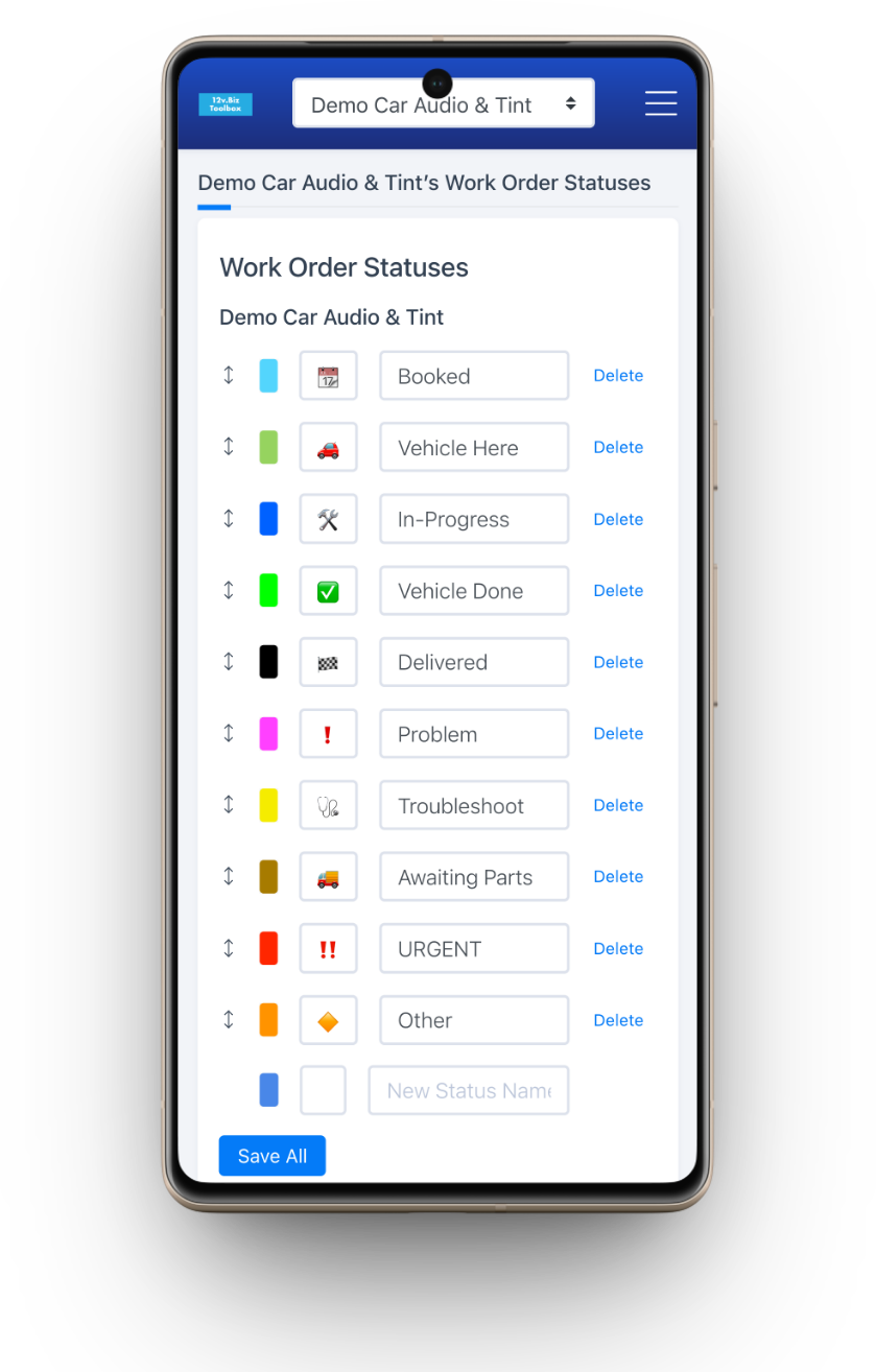 Custom work-order statuses in the Toolbox, each with its own name, color, and emoji.