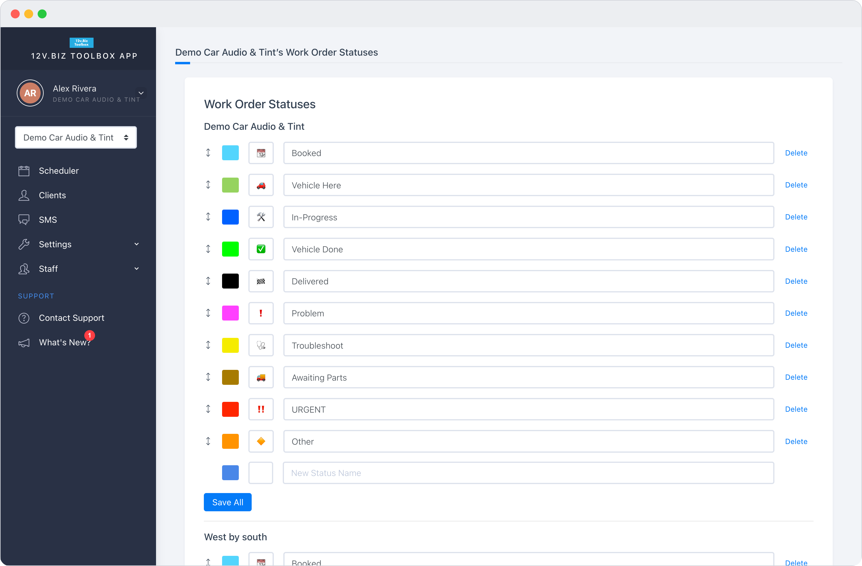 Custom work-order statuses in the Toolbox, each with its own name, color, and emoji.