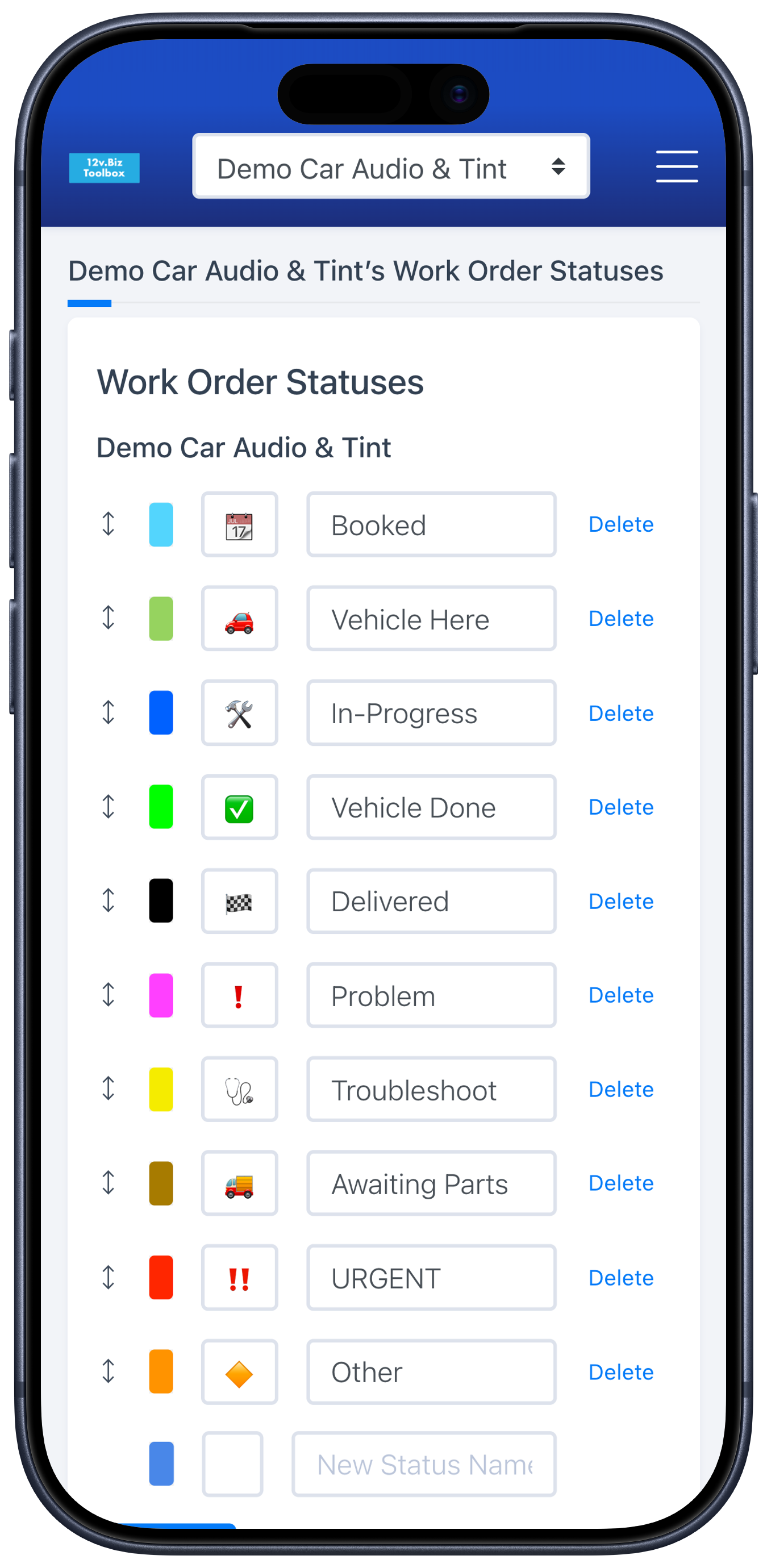 Custom work-order statuses in the Toolbox, each with its own name, color, and emoji.