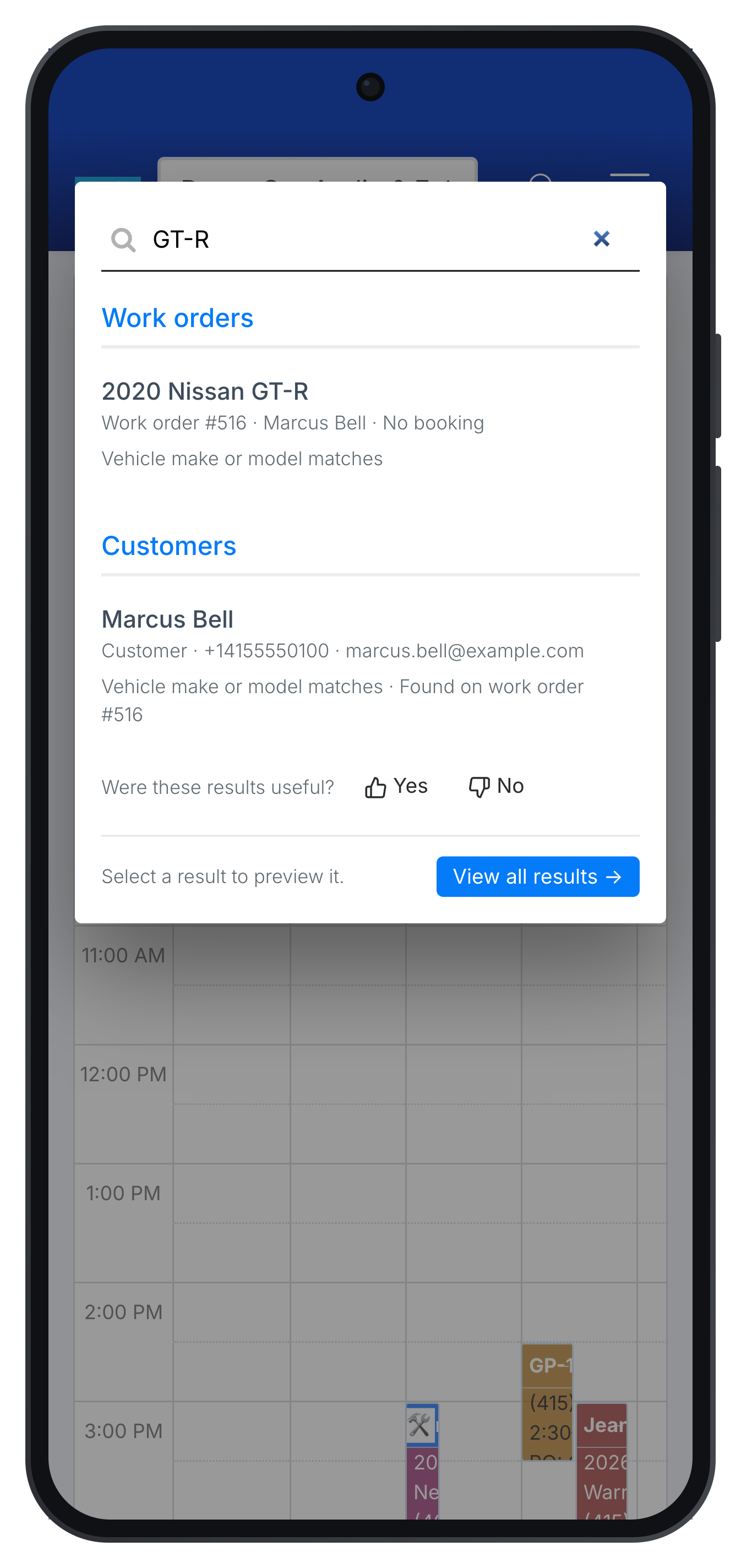 Search in the Toolbox, finding customers and work orders by name, phone, vehicle, VIN, or part from one search box.