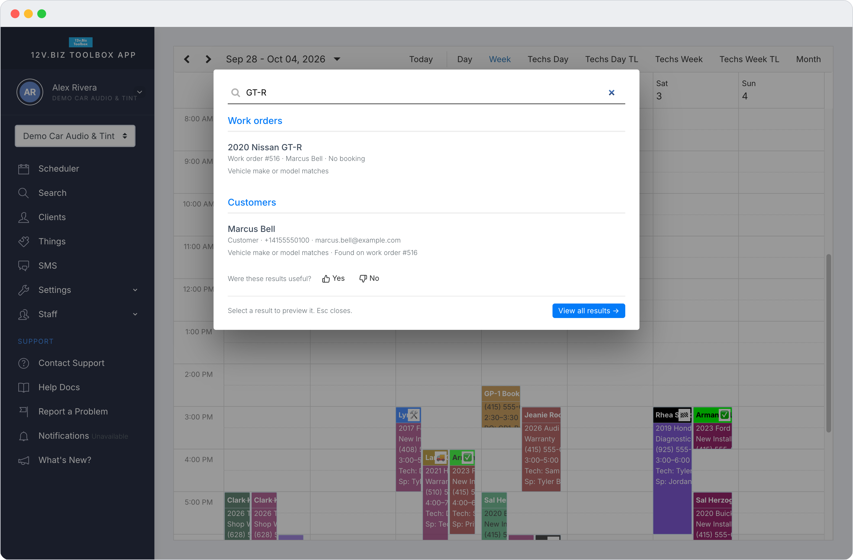 Search in the Toolbox, finding customers and work orders by name, phone, vehicle, VIN, or part from one search box.