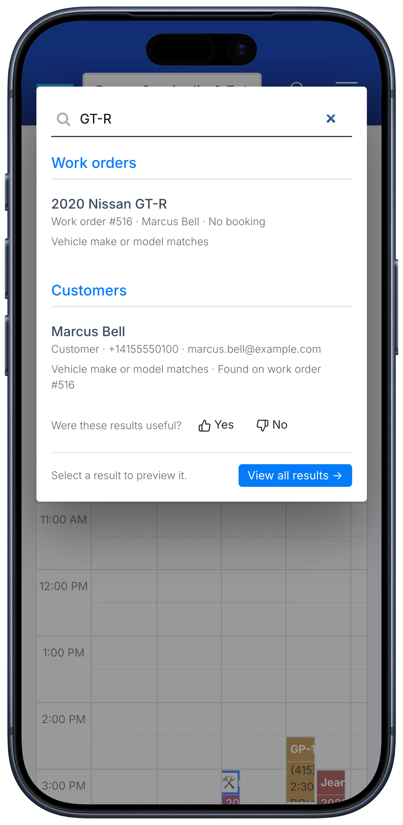 Search in the Toolbox, finding customers and work orders by name, phone, vehicle, VIN, or part from one search box.