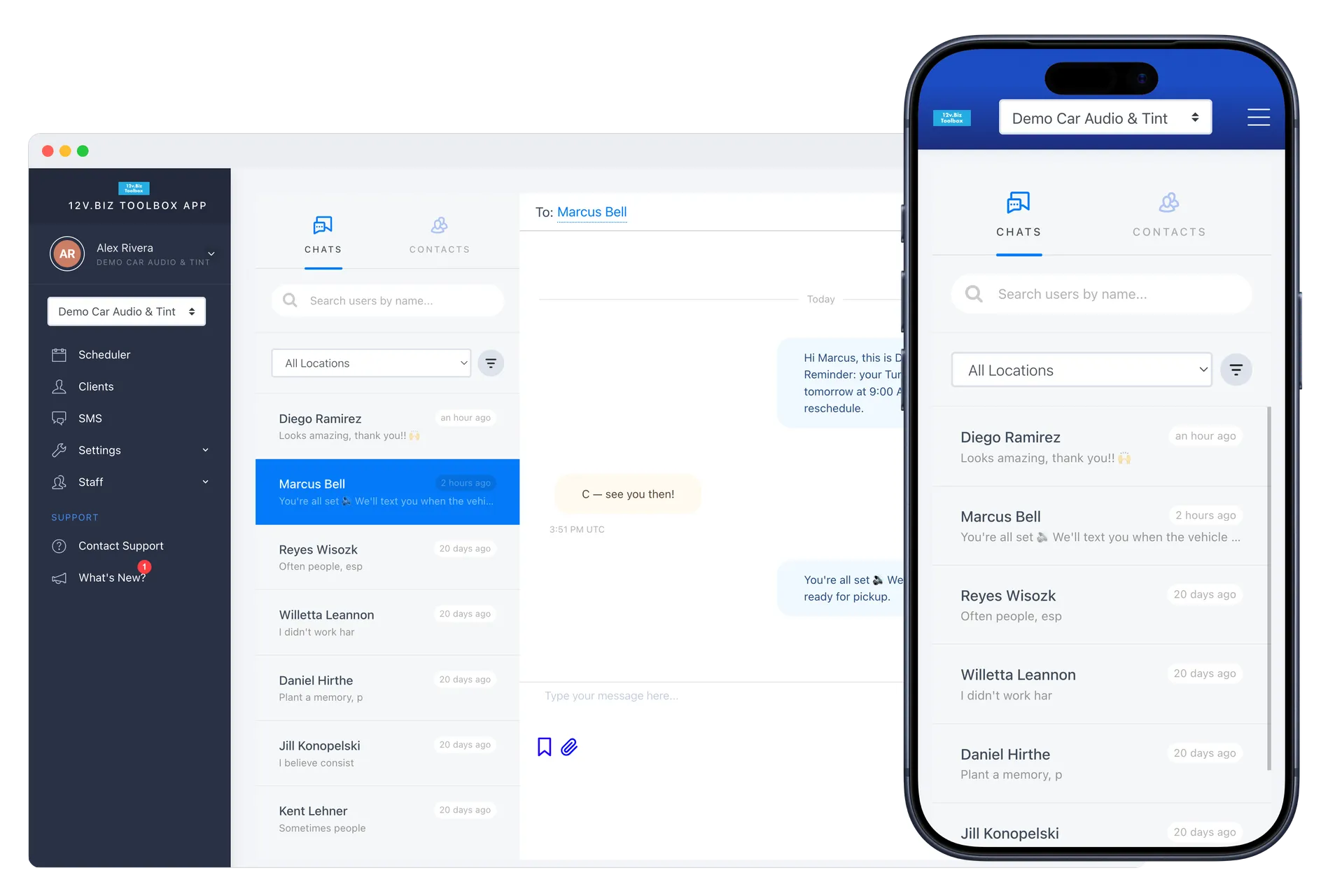 The two-way SMS inbox in the 12v.Biz Toolbox shown on both a desktop browser and an iPhone — the same shared conversation history on either device.
