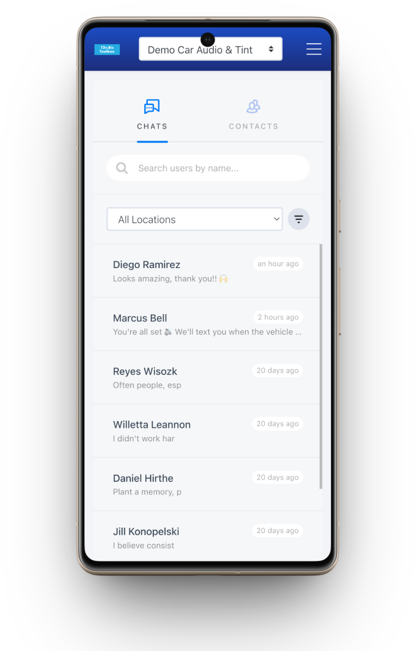 Two-way SMS inbox on a phone with a conversation open — an automated appointment reminder and the customer's reply.
