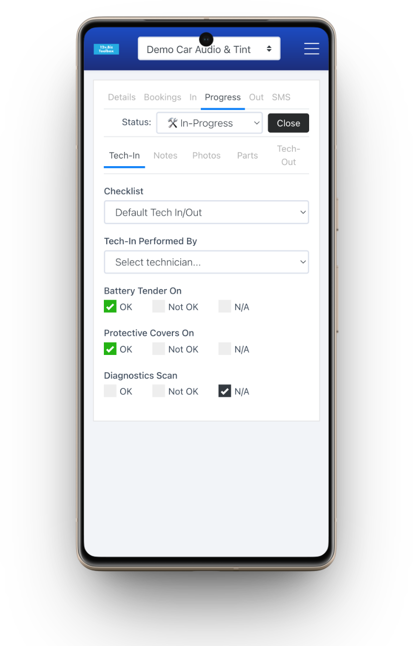 A customizable tech-in / tech-out checklist on a work order, shown on a phone in the bay.