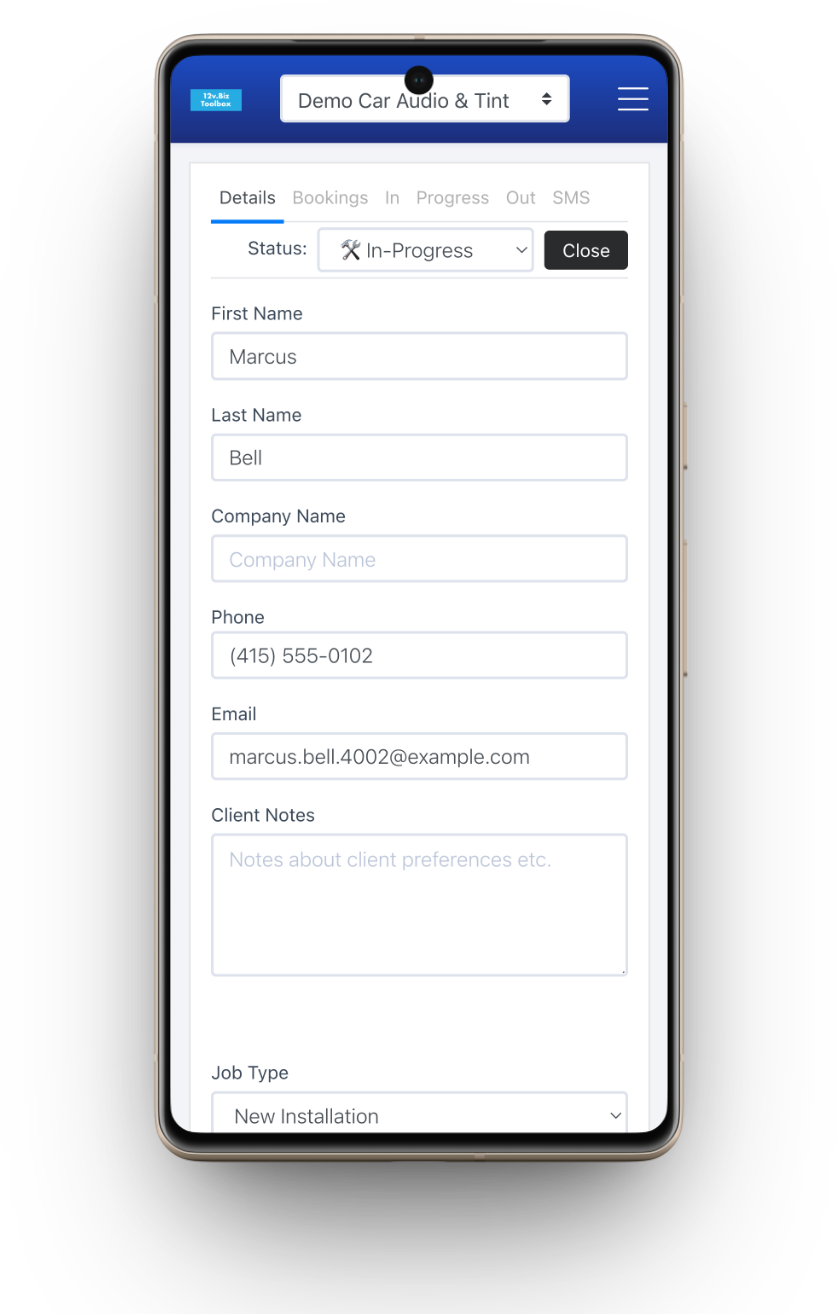 A digital work order in 12v.Biz Toolbox: client, vehicle, job description, and status on one record.