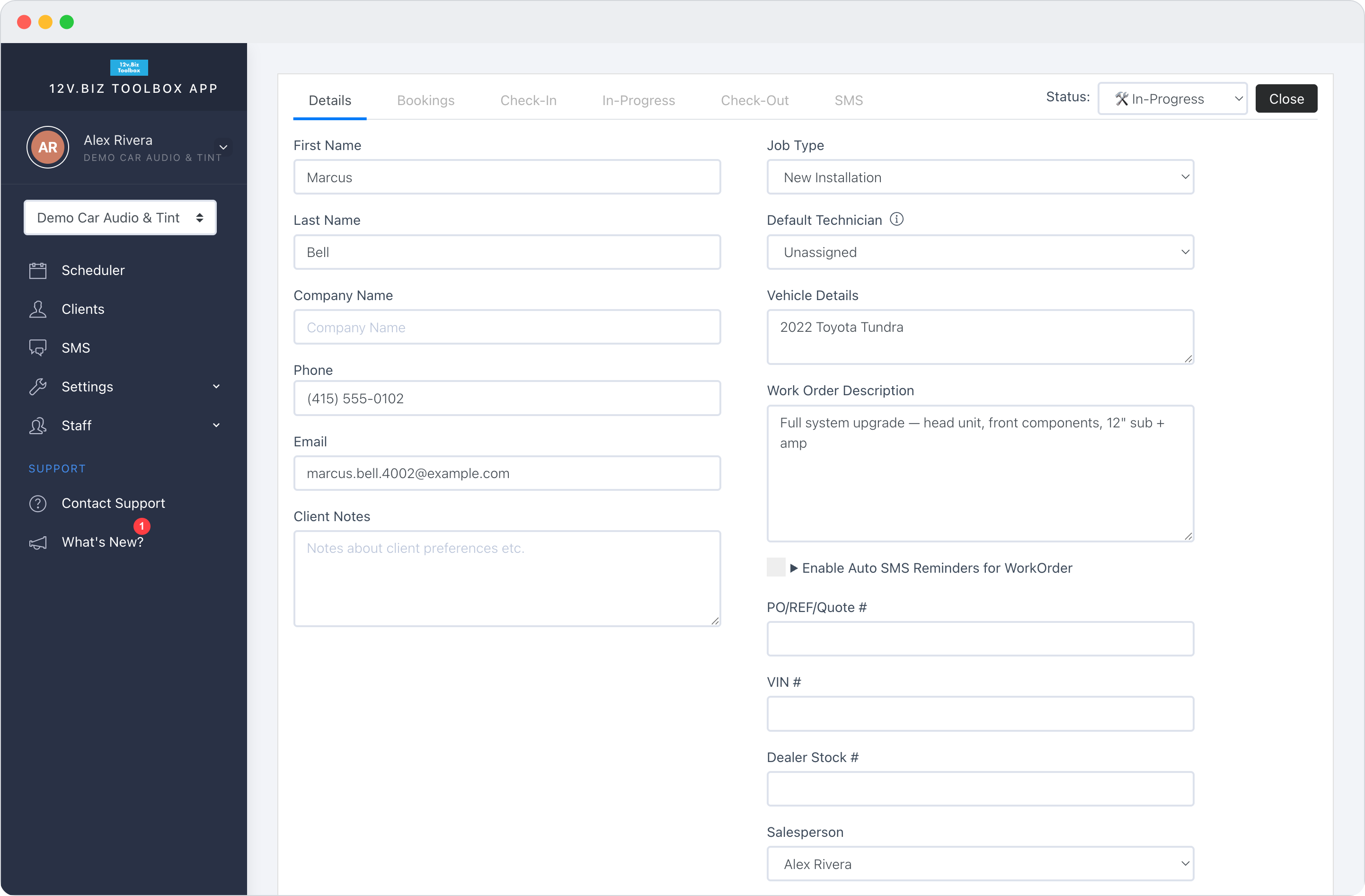 A digital work order in 12v.Biz Toolbox: client, vehicle, job description, and status on one record.