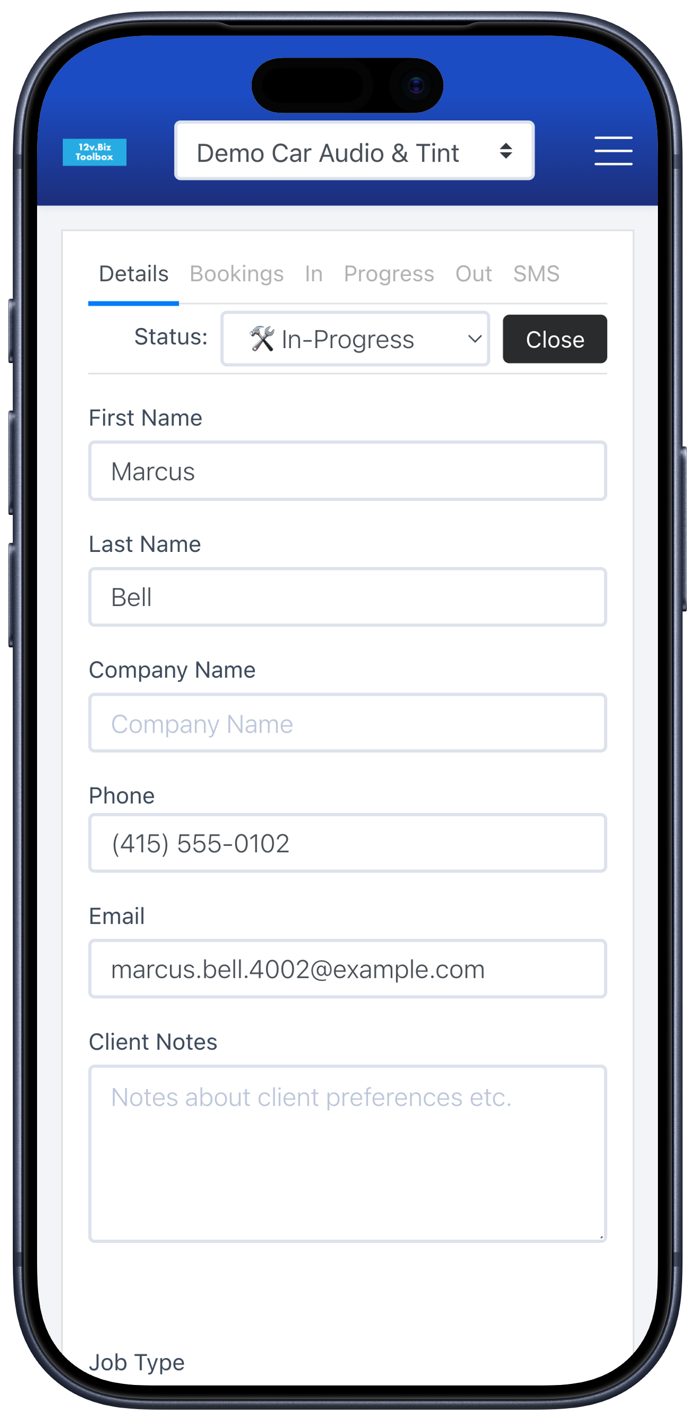 A digital work order in 12v.Biz Toolbox: client, vehicle, job description, and status on one record.