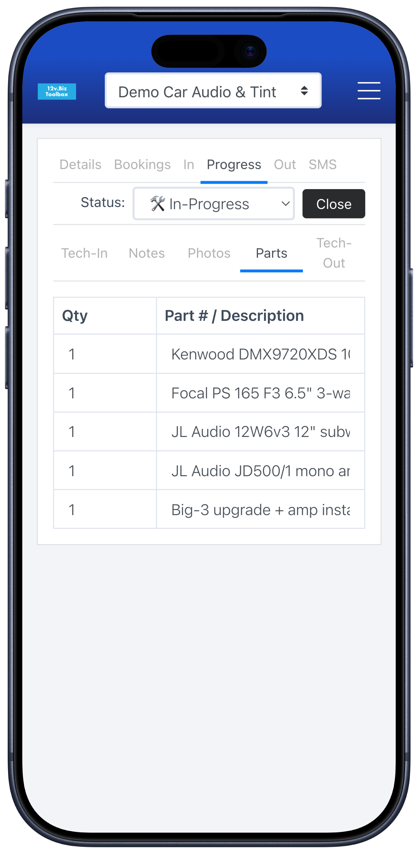 A work order parts list with real SKUs and a labor line — Kenwood, Focal, and JL Audio parts plus install hours.