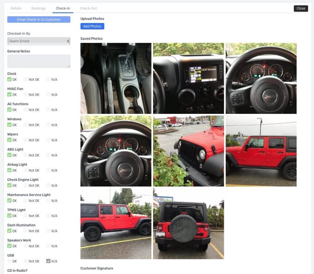 Vehicle Check-in form with custom checklist and photos with WorkOrder